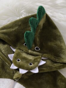 男童休閒日常舒適親膚加厚保暖內裡綠色與白色拼接恐龍刺繡可愛連帽連身長袖長褲睡衣家居服 - 綠色 - 查看 7
