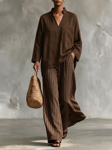 SHEIN Autumn Brown 2 Pieces Set Striped Pants With Pockets Casual Country Style Holiday Outing Outfit - Brown - View 6