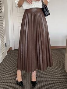 DAZY Women's Solid Color High Waist Elegant Commute Pleated Skirt - Coffee Brown - View 1