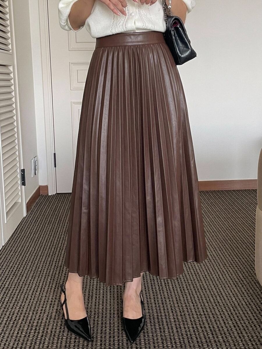 DAZY Women's Solid Color High Waist Elegant Commute Pleated Skirt - Coffee Brown - View 1