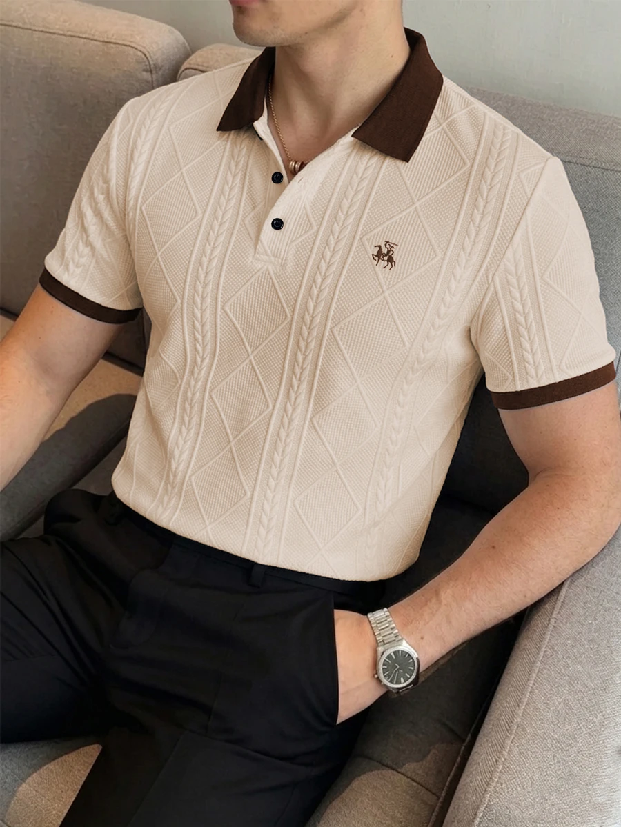 Calvornis 男士短袖 Polo 衫,提花針織半開鈕扣上衣,復古圖案商務休閒夏季高爾夫 Polo 衫,時尚休閒通勤日常穿著,正式,老錢風 - 卡其色 - 查看 1