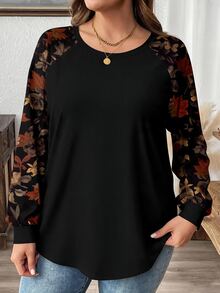 SHEIN LUNE Plus Size Women's Vacation Patchwork Floral Print Raglan Long Sleeve Round Neck T-Shirt - Multicolor - View 3