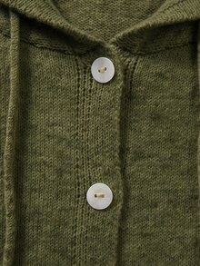 SHEIN 女款抽繩連帽針織開襟外套，秋季鈕扣前襟休閒毛衣 - 軍綠色 - 查看 8