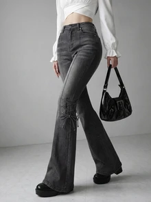FRIFUL Women's Casual Flare Jeans With Pocket And Eyelet Lace-Up Design - Dark Grey - View 6