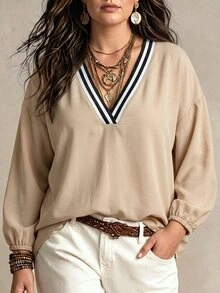 NostaNoir Women's Autumn/Winter New Hot-Selling Colorblock Striped Webbing Patchwork Layered V-Neck Casual Versatile Plus Size Shirt - Khaki - View 1