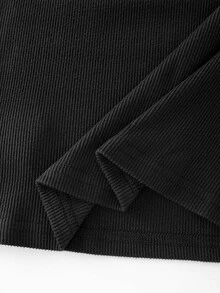 Balvessa Women's Autumn Brushed Ribbed & Mesh Patchwork Elegant Fashion Versatile Cold Shoulder T-Shirt - Black - View 7