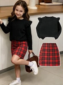 Elladie kids 女童荷葉邊長袖羅紋針織上衣與格紋裙套裝 可愛學院風 2件組 秋季套裝 女孩格紋鈕扣裙衣著 - 彩色 - 查看 1