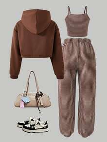SHEIN Girls' Simple Casual Daily Knit Sports Cover Up, Striped Tank Top And Striped Sports Pants, Autumn, Winter - Brown - View 2