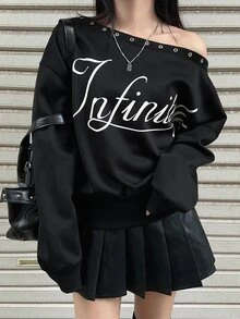 FRIFUL Women's Letter Print Eyelet Design Asymmetric Shoulder Long Sleeve Sweatshirt Hoodies Fall - Black - View 5