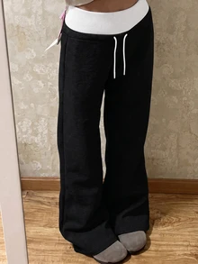 SHEIN 青少年女孩黑色白色針織抽繩休閒長褲返校冬季款 - 黑與白 - 查看 2