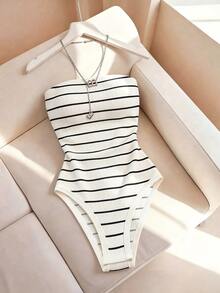 SHEIN Franclia Fashion Slim Fit Sexy Strapless Striped Women's Bodysuit - White - View 3