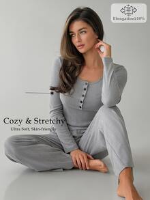 DAZY Women's Solid Color Button Half-Placket Long Sleeve Top And Pants Loungewear Set - Grey - View 3