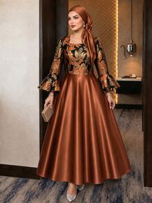 Auveirra Plus Size Women's Floral Jacquard Square Neck Flare Sleeve Elegant Dress Fall - Brown - View 7