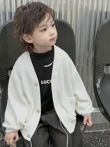 Dazy Kids 兒童秋季男童小號寬鬆休閒V領針織開襟外套，紋理面料 - 白色 - 查看 5