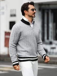 Marcello Vane 男士秋冬高領長袖套頭毛衣，時尚修身休閒羅紋拼色 1/4 拉鍊針織開襟衫 - 灰色 - 查看 7