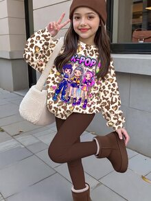 女童豹紋字母卡通圖案長袖運動衫與緊身褲休閒日常穿搭套裝 - 彩色 - 查看 1