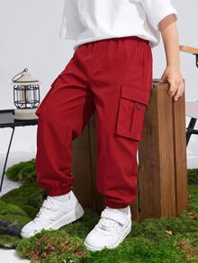 SHEIN 兒童青少年男孩聖誕紅色工裝褲，休閒運動紅色慢跑褲，Y2K下身褲，適合秋冬、學校、家庭聚會、度假、派對，男孩秋冬套裝 - 紅色 - 查看 1