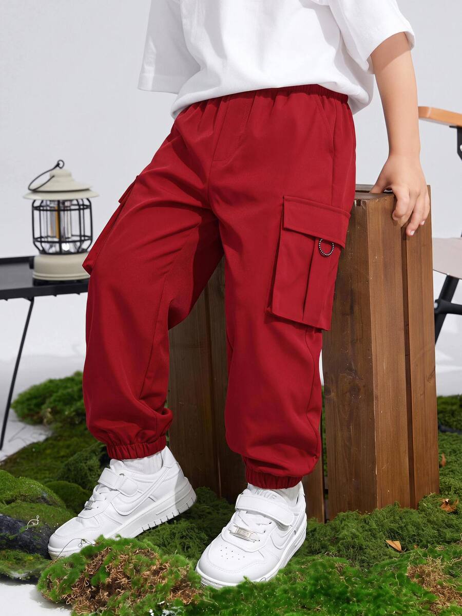 SHEIN 兒童青少年男孩聖誕紅色工裝褲,休閒運動紅色慢跑褲,Y2K下身褲,適合秋冬、學校、家庭聚會、度假、派對,男孩秋冬套裝 - 紅色 - 查看 1