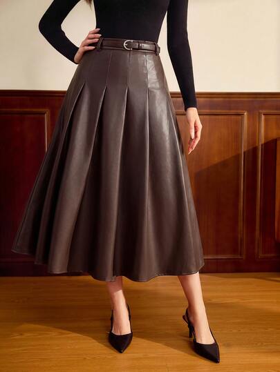 Vintamour Vintage Classic Elegant Women's Loose PU Skirt With Belt And Pockets, Brown, Autumn/Winter