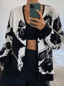 DAZY Women's Elegant Fashion Jacquard Long Sleeve Knit Cardigan - Black and White - View 1