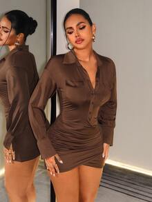 BamGleam Women's Solid Color Long Sleeve Single-Breasted Pleated Fitted Short Dress - Brown - View 4