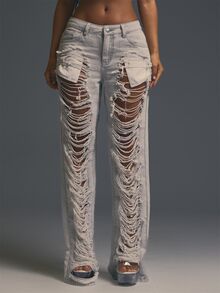 MUSERA Grey Washed Denim Distressed Low Waist Jeans Evening Fall Thanksgiving Autumn Winter Halloween Party Going Out Concert Rave Disco Graphic Camo Sexy - Grey - View 1