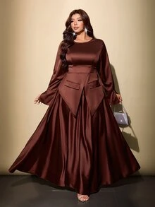 Viva Relle Plus Size Coffee Brown Autumn Premium Satin Layered A-Line Long Dress 2 Pieces Set - Coffee Brown - View 5