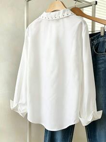 INAWLY Loose Casual Commute Computer Rhinestone Long Sleeve Shirt - White - View 2