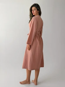 Livesso Women's Solid Color Waist Tie Casual Daily Home Sleepwear - Pink - View 2