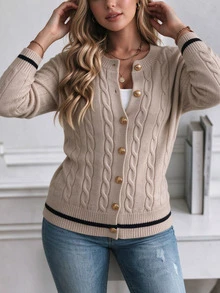 SHEIN LUNE CURVE Khaki Cable Knit Cardigan . Gold Buttons + Contrast Trim Plus Size Cardigan - Camel - View 6