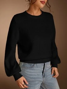 SHEIN BASICS 女款休閒百搭米白色圓領長袖針織毛衣，適合秋季穿著，上班、日常、居家、辦公室穿搭 - 黑色 - 查看 6