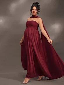 Cheriluna Maternity Elegant Ruffle Detail Solid Color Off-Shoulder Sleeveless Maternity Dress For Baby Shower, Christmas Party - Burgundy - View 1