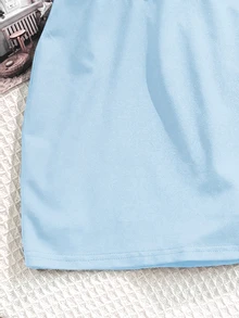 SHEIN 青少年女孩藍色低腰裙，內建短褲，休閒純色低腰迷你裙，秋冬款 - 淺藍色 - 查看 4