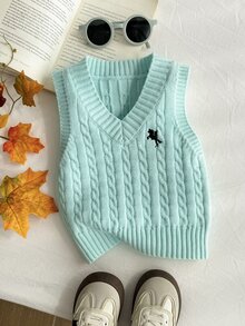 SHEIN 女童粉色刺繡背心毛衣，圓領，適合搭配裙子，適合秋冬春夏穿著的套頭衫 - 薄荷綠 - 查看 4