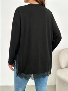 Shapeblank Women's Plus-Size Black Long-Sleeve T-Shirt – Stylish, Casual, Loose & Comfortable – Lace-Trim Hem – Autumn Everyday Wear,Going Out Tops.Fall Outfits - Black - View 3