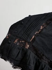 Willow Rêve Women's Black Lace Patchwork Round Neck Button-Down Short Sleeve Blouse - Black - View 6