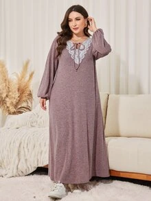 Lacomfia Women's Lantern Sleeve Embroidered Patchwork Casual Daily Versatile Autumn Pink Plus Size Dress - Pink - View 4
