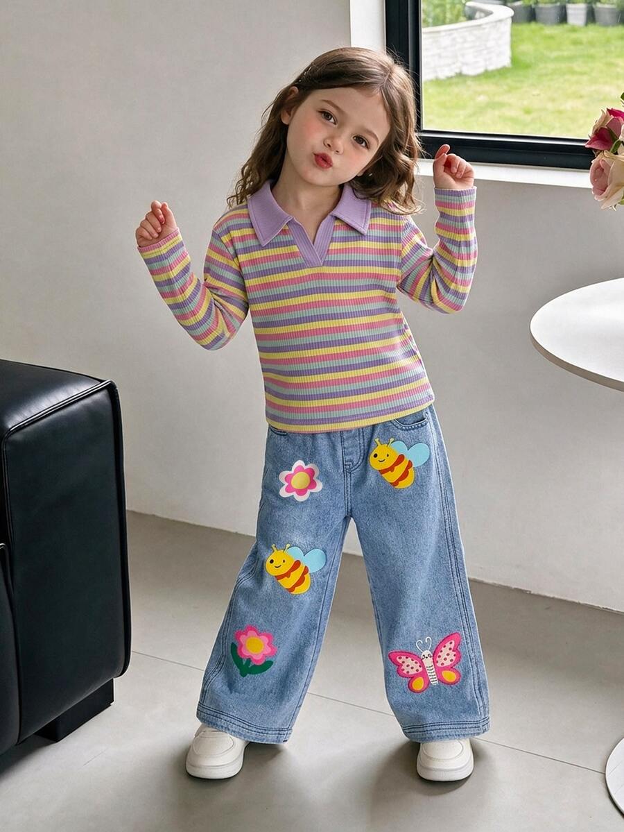 Genkimix Kids 2件組少女長袖領口T恤+寬腿褲,可愛彩虹條紋蜜蜂花朵蝴蝶圖案,休閒秋季公主風鬆弛羅紋套裝 - 彩色 - 查看 1