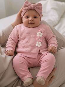 SHEIN 新生兒嬰兒 3D 花卉裝飾長袖上衣與長褲休閒日常套裝 - 粉色 - 查看 3
