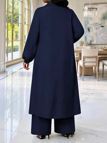 SHEIN Lady 大尺碼女款花卉印花長袖單排扣長襯衫與寬腿褲休閒兩件套 - 藏蓝色 - 查看 6