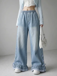 FRIFUL Women's Elastic Waist Casual Versatile Daily Wear Jeans Everyday School Light Blue Fall - Blue - View 6