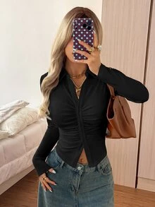 SHEIN EZwear 白色針織女款長袖百褶單排扣T恤，適合早午餐、辦公室、秋季休閒優雅穿搭 - 黑色 - 查看 8