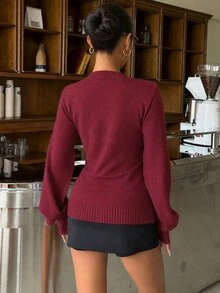 Muchica 淺灰色性感休閒V領羅紋袖口針織衫，街頭風必備優雅女式上衣，適合校園、早午餐、秋季穿搭 - 酒紅色 - 查看 2