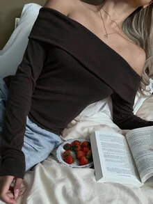 SHEIN EZwear 女款粉色針織露肩修身T恤 - 棕色 - 查看 5