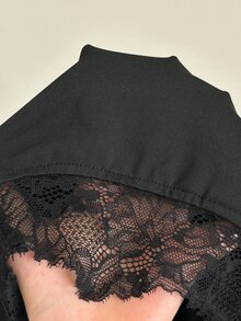 Aloruh Women's Autumn/Winter Lace Patchwork Deep V-Neck Sexy T-Shirt - Black - View 6