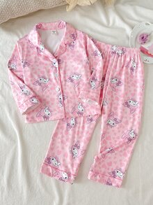 SHEIN 少女可愛休閒針織卡通圖案長袖居家服套裝 - 粉色 - 查看 1