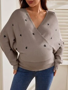 SHEIN 孕婦休閒孕婦裝愛心刺繡蝙蝠袖針織衫，春季/拍照冬季 - 灰色 - 查看 8