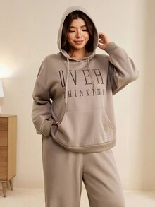 Edennvi Plus Size Women's English Letter Embroidered Ribbed Cuff Hoodie And Pants Khaki 2 Pieces Set, Suitable For Daily Home Wear - Khaki - View 4