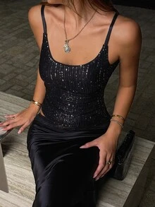 DAZY Women's Sequin Casual Versatile Everyday Camisole Top - Black - View 1