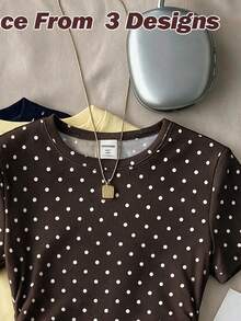 Teen Girls Casual Minimalist Polka Dot Print, Round Neck Waist Ruched Fitted Short Sleeve T-Shirt Suitable For Spring Summer Autumn Winter All Seasons Y2k, Easy Comfort, Tops, Chill, Polka Dot, Personalized Outfit, Daily Basic Matching - Multicolor - View 3